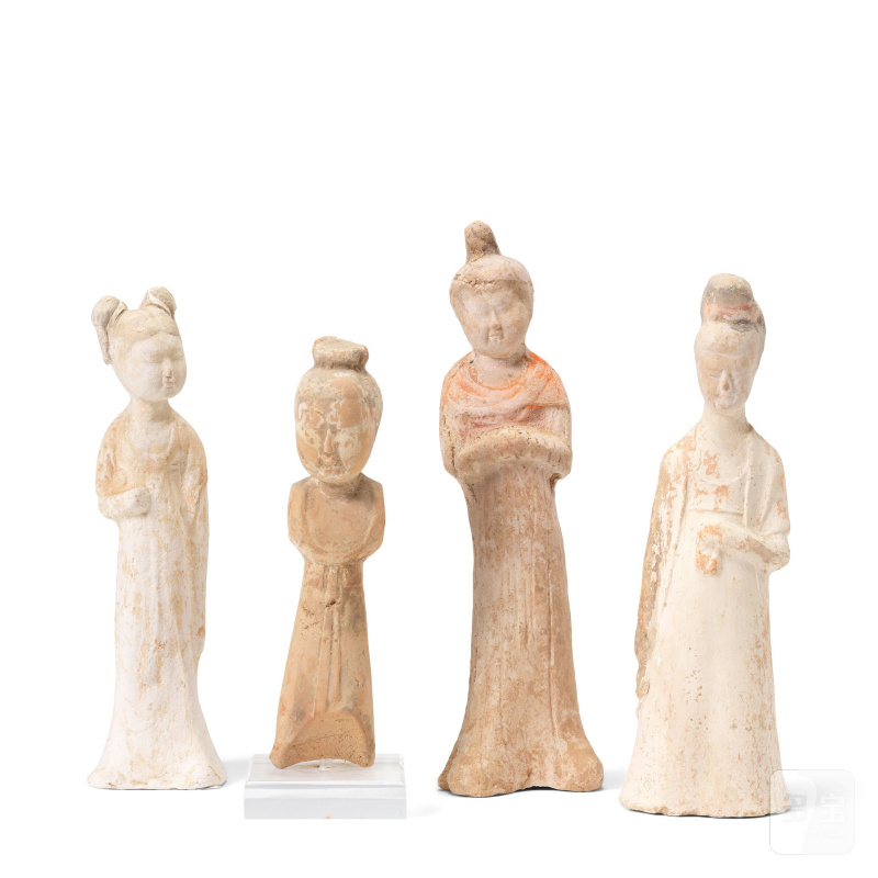 唐 仕女陶俑四件 | A GROUP OF FOUR POTTERY FIGURES OF LADIES